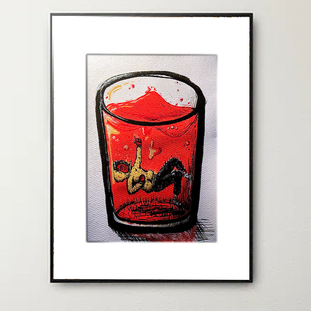 painting of a man drowning in a glass of water